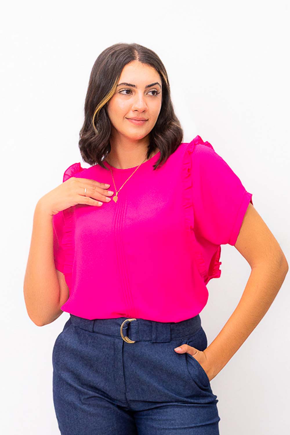 Blusa de Gasa con Pliegues Fucsia